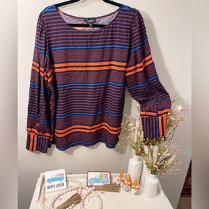 EXPRESS Long Sleeve Striped Blouse, Maroon/Blue/Orange, XL